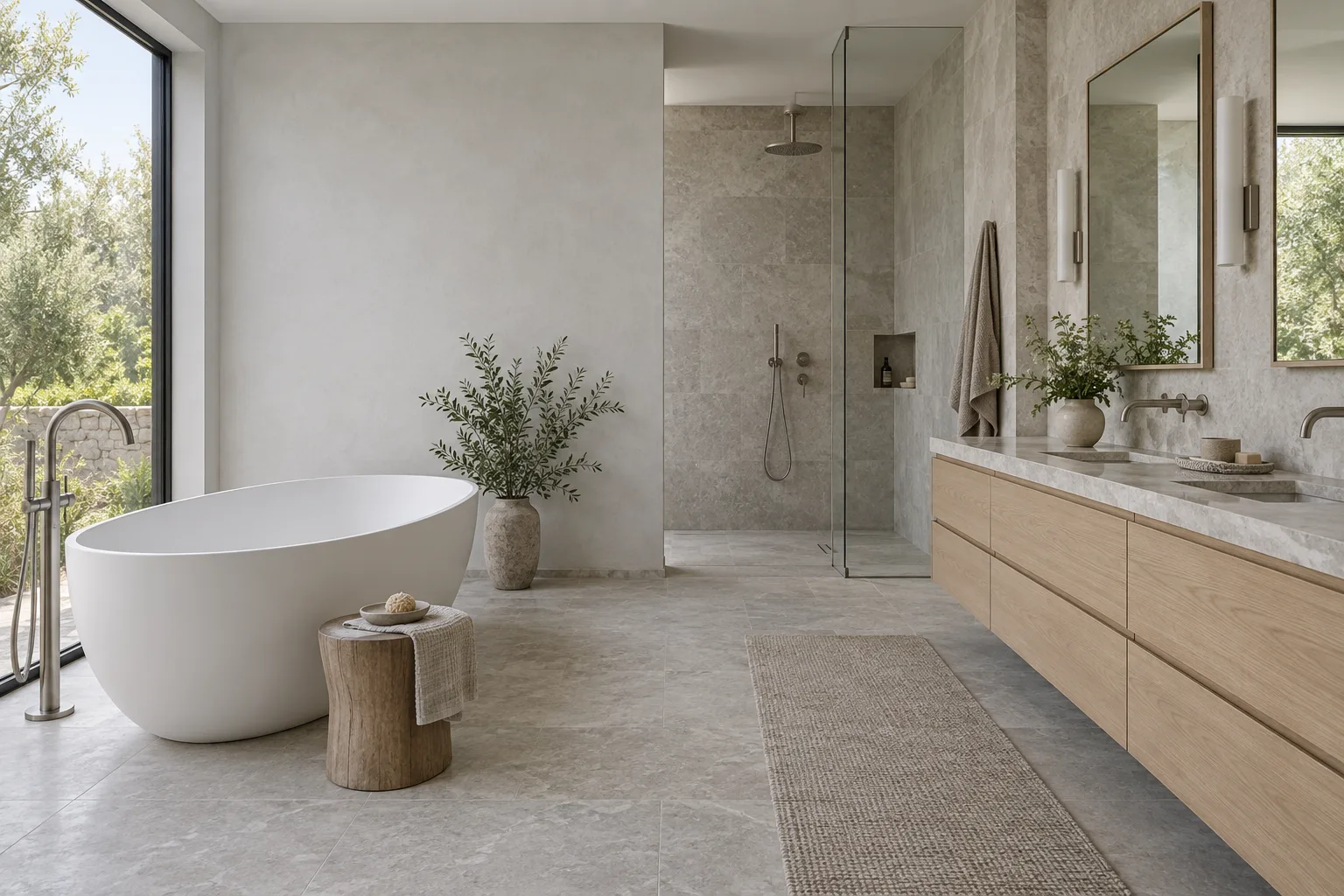 AI bathroom concept featuring a freestanding tub, floating double vanity and pale stone