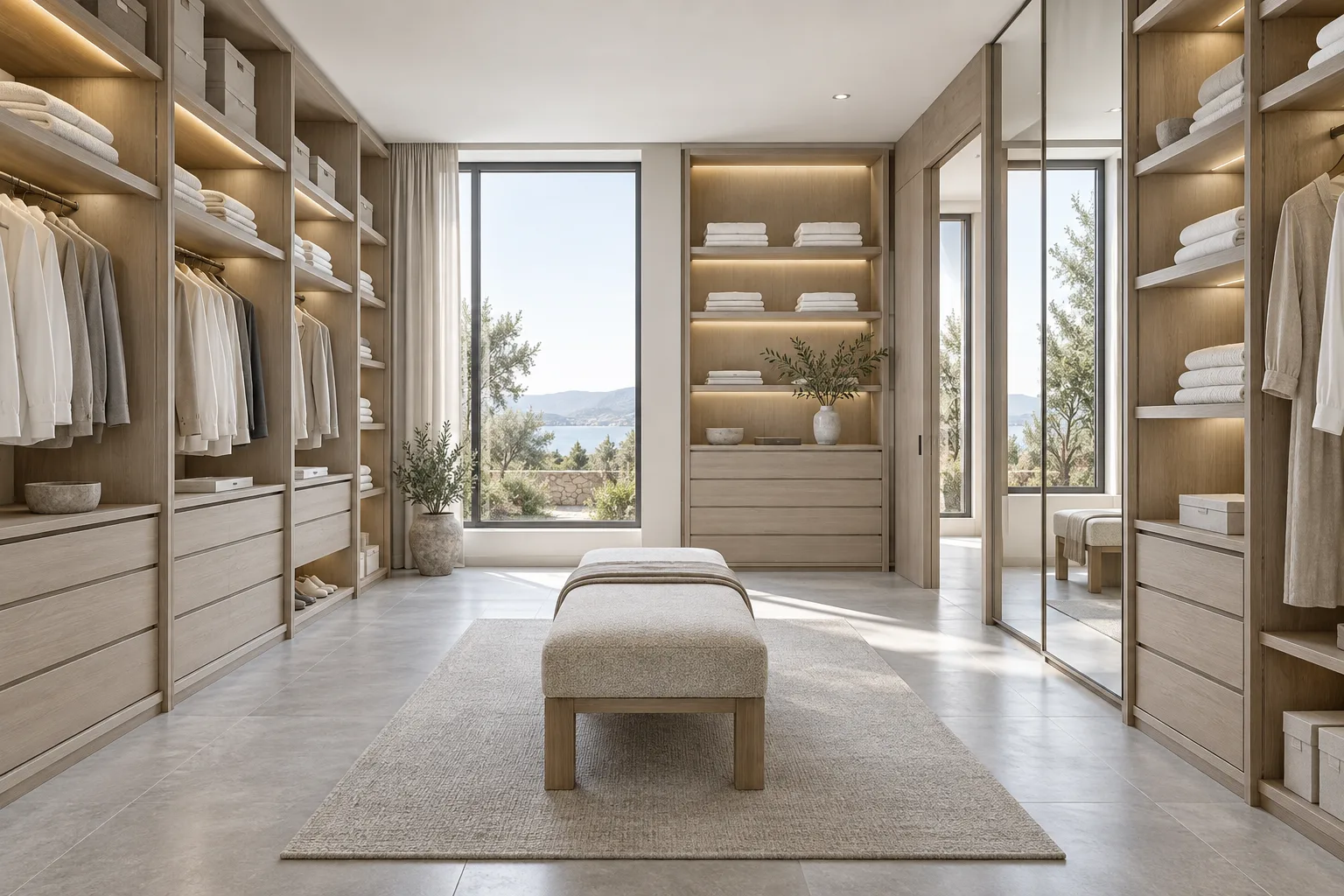 AI dressing room concept with illuminated open wardrobes, custom drawers and a central bench