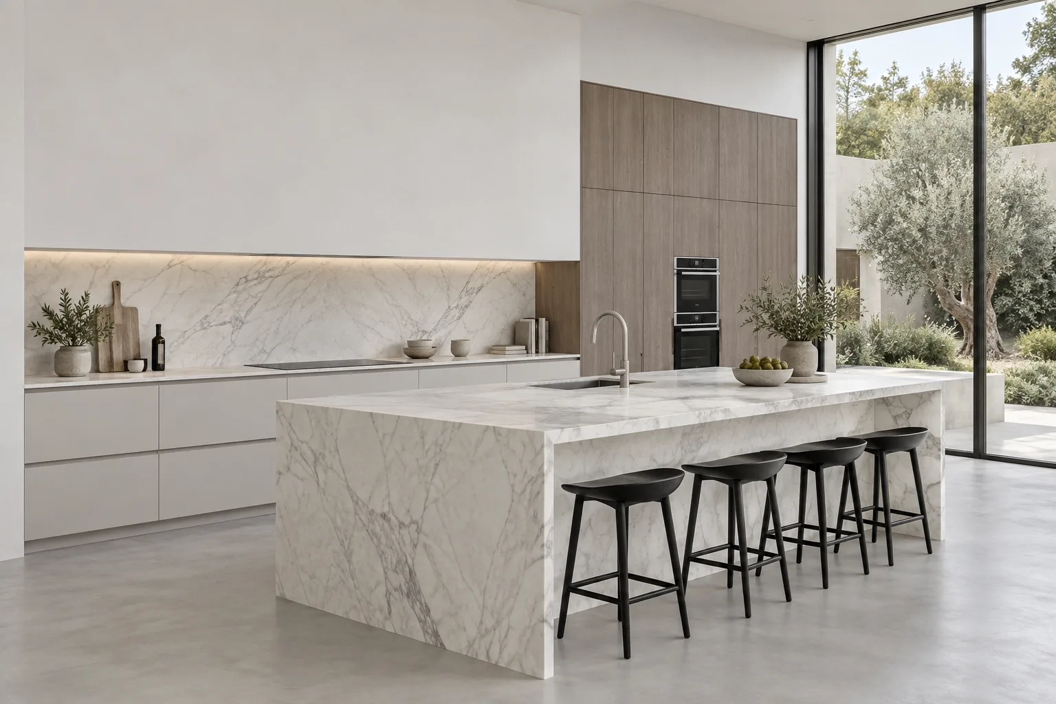 Illustrative kitchen with waterfall marble island, integrated cabinetry and black stools